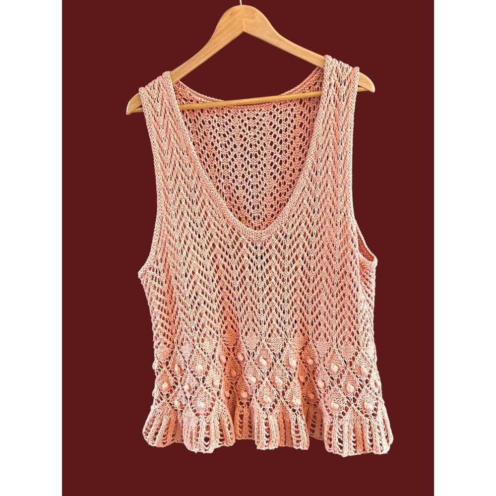 Handmade Peach Sleeveless Crochet Knit Summer Top Diamond Pattern Ruffled Hem